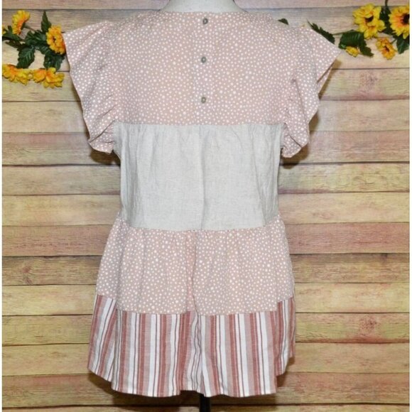 Entro Beige & Pink Cap Sleeve Tiered Blouse Top Size S Striped Polka Dots Cute - Picture 8 of 13
